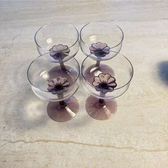 Set Of 4 Vtg. Fostoria Corsage Plum Purple Flower Stem Crystal Champagne Glasses